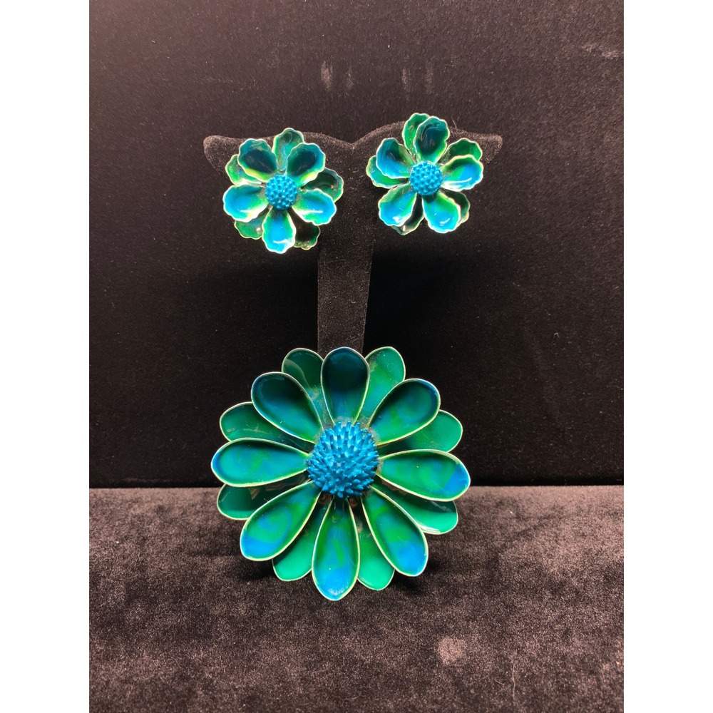 Vintage Enamel Flower Brooch and Clip On Earrings Set Teal Blue Green Floral
